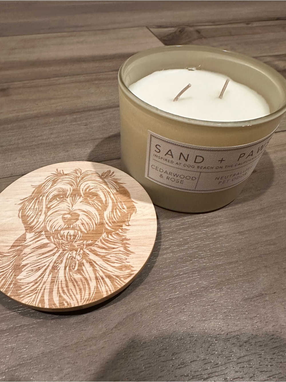Pavement Cedarwood & Rose 🌹 Olive Two-Wick Candle  with Wooden Lid sand + paws 🐾